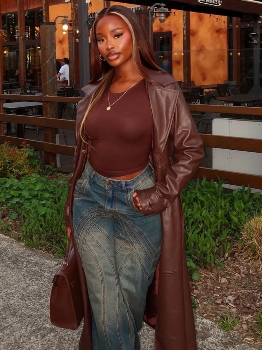 Fashion Nova Brown Long Faux Leather Trench Coat